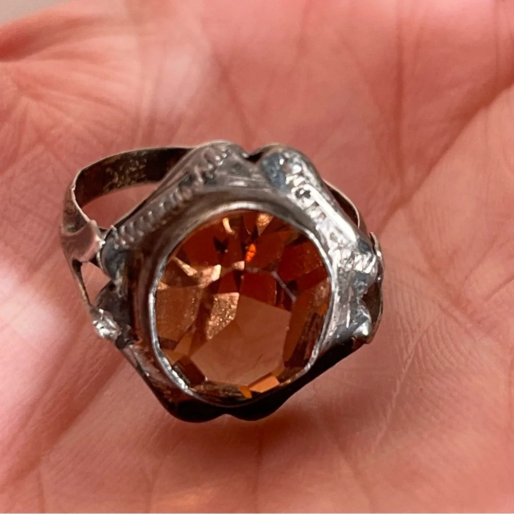 Antique Art Deco 1920’s Sterling Silver pink brown Glass Victorian Signet Ring - Picture 17 of 17